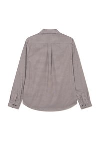 Lange mouw shirt in lichtbruin met een klein ruitpatroon. Bevat een puntkraag, knopenmanchetten en een relaxte snit met een rugplooi.