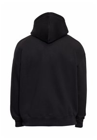 Sweat à capuche noir vu de dos avec une capuche, des manches longues, et des poignets et une bande inférieure côtelés sur fond blanc.