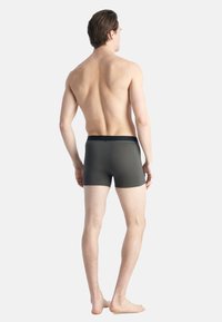 Pánské boxerky tmavě šedé barvy s černým pasem. Hladká látka, přiléhavý střih, délka do poloviny stehen a minimalistický design.