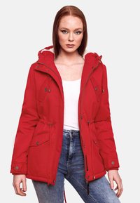Red hooded jacket with a textured exterior, two front pockets, elastic waist, and zippered closure. Lined hood with a fleece detail.