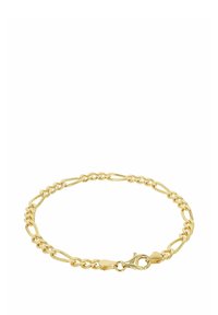 Bracciale in oro con catena a maglie intrecciate, caratterizzato da una finitura lucida e chiusura a moschettone. Superficie liscia, senza ulteriori motivi.