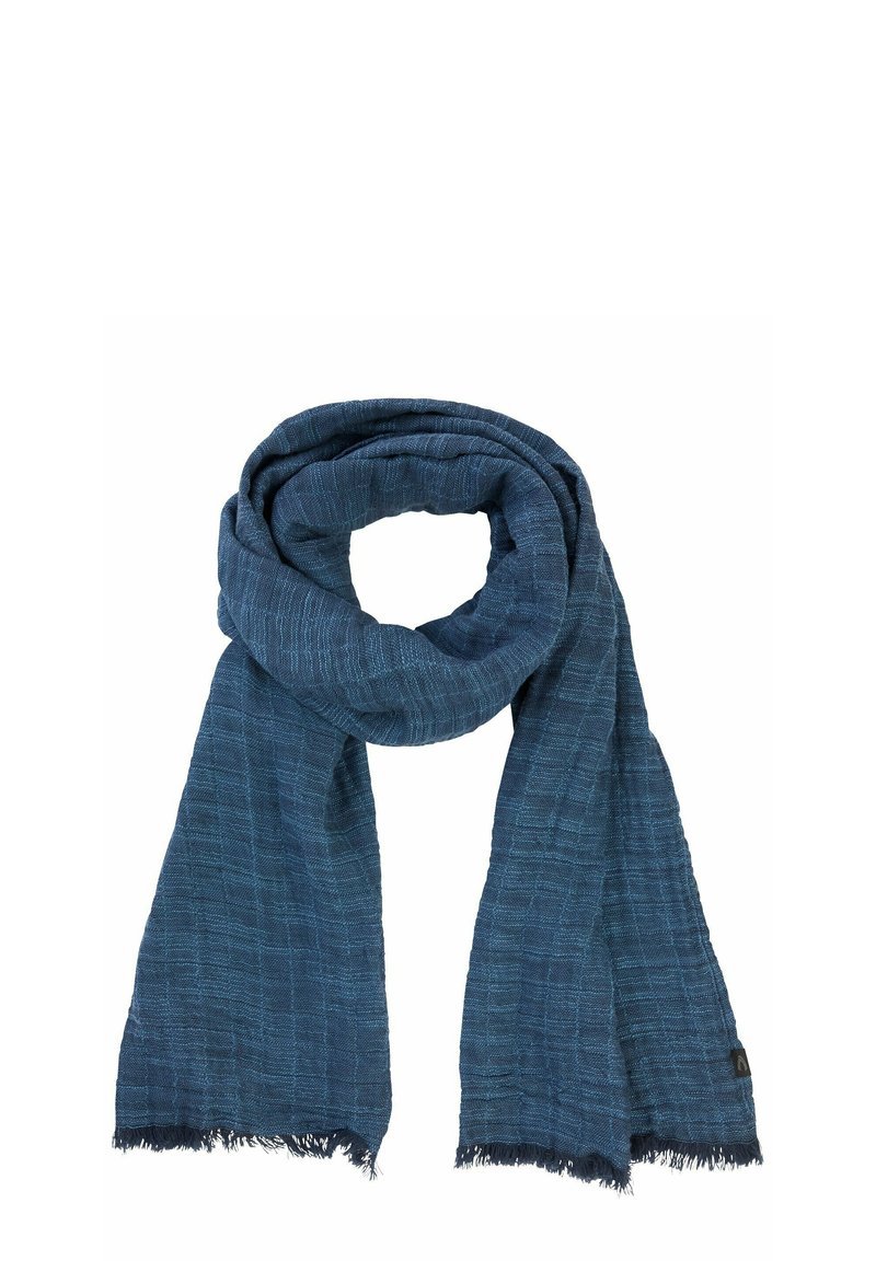 Écharpe tissée bleu en tissu léger, présentant un motif texturé et des bords frangés. Le design en boucle améliore sa fluidité et sa polyvalence.