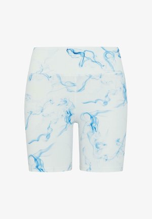 Bílé sportovní šortky s modrým mramorovým vzorem, vyrobené z elastického materiálu, s vysokým pasem a bezešvou konstrukcí.