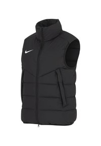 Schwarze Steppweste mit hohem Kragen, Reißverschluss vorne, ärmellosem Design und Nike-Logo; verfügt über horizontale Nähte und Seitentaschen.