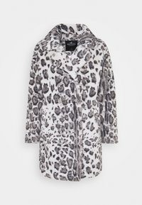 Leopard print coat featuring a fluffy texture, double-breasted design, gray and white colors, and a notched collar.