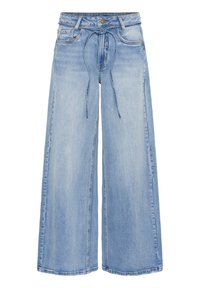 Light blue wide-leg denim jeans with a tied drawstring at the waist, front pockets, and a button closure.