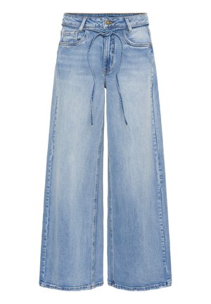 Light blue wide-leg denim jeans with a tied drawstring at the waist, front pockets, and a button closure.