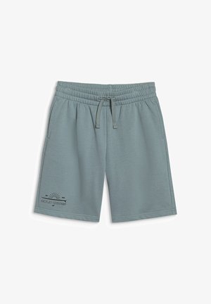 Un jeune garçon est debout, portant un t-shirt crème avec un petit motif de crabe et un short gris avec un graphisme de soleil, des baskets grises et des chaussettes blanches.