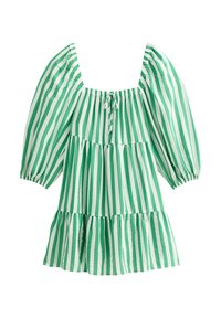 Chemisier vert et blanc rayé avec un décolleté carré, des manches bouffantes et un ourlet à volants. Fabriqué en tissu léger avec une finition texturée.