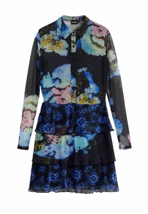 Langarmkleid, schwarzer Grund mit bunten Blumenmustern, plissierte Lagen an der Taille, weicher Stoff, Button-Down-Kragen und Vorderknöpfe.