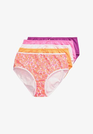Vijf katoenen dames slips in roze luipaardprint, effen oranje, wit, lichtroze en donkerroze, elk met een klein voorstrikje.