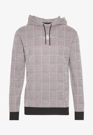 Herren-Hoodie mit langen Ärmeln, pink-schwarzem Karomuster, schwarzen Bündchen und Saum sowie schwarzen Kordeln an der Kapuze.