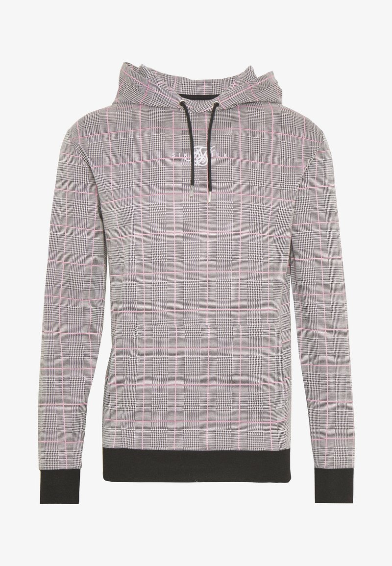 Sweat à capuche homme à manches longues, motif à carreaux rose et noir, poignets et ourlet noirs et cordons noirs sur la capuche.