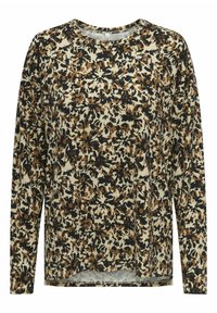 Langærmet skjorte i beige med et blomstermønster i sort og brun. Har en rund halsudskæring og en afslappet pasform. Blødt stof.