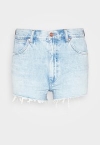 Vaaleansiniset denim-shortsit, joissa on rikotut helmat, viisi taskua ja metalliosat. Ominaisuuksiin kuuluu klassinen ompelu ja keskipitkä vyötärö.
