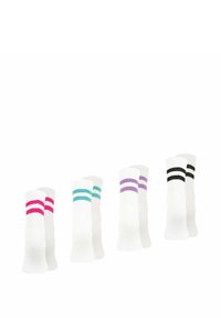 Chaussettes blanches avec des rayures colorées : rose, turquoise, violet et noir. Fabriquées en matériau doux avec des bords côtelés pour plus de confort.