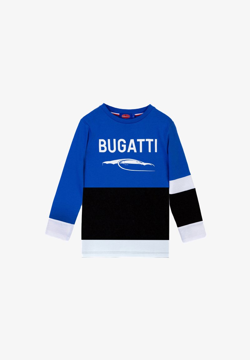 T-shirt a maniche lunghe blu con strisce orizzontali bianche e nere; presenta il logo "BUGATTI" e un design con la silhouette di un'auto.