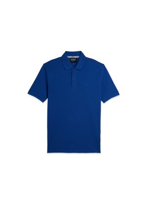 Polo in blu realizzato in tessuto morbido, con colletto, maniche corte e un logo discreto nella parte sinistra del petto.