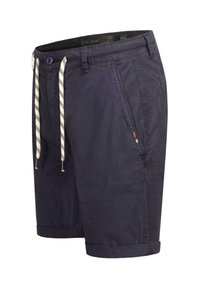 Marineblaue Shorts aus leichtem Stoff, mit Knopfverschluss, gestreiftem Kordelzug, umgeschlagenen Säumen und Seitentaschen mit dezenten Akzentdetails.