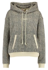 Sudadera con capucha de estampado de leopardo, con cordón ajustable en la capucha, bolsillos delanteros y puños acanalados. Fabricada con tela suave y detalles beige en el dobladillo y los bolsillos.