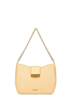 Yellow textured handbag with a chain strap. Features a flat flap closure and a subtle logo on the bottom, offering a structured silhouette.