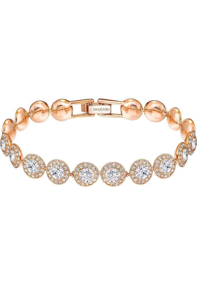 Bracelet en or rose avec perles polies alternées et cristaux ronds transparents, avec un fermoir gravé Swarovski.