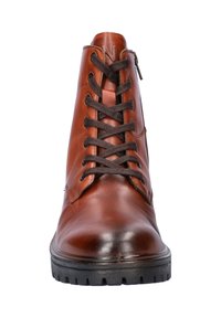 Bottine en cuir marron avec lacets marron, bout arrondi, fermeture éclair latérale et semelle en caoutchouc avec une bande de roulement texturée pour l'adhérence.