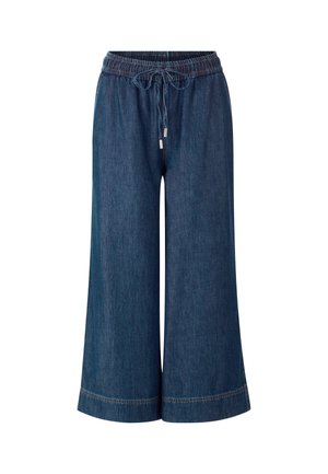 Denim wide-leg trousers with an elastic waistband, drawstring closure, and silver hardware accents. Deep blue color with stitched hem.