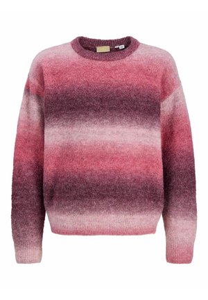 Blød strikket sweater med vandrette gradientstriber i nuancer af lyserød, lilla og rød, med lange ærmer og rund halsudskæring.