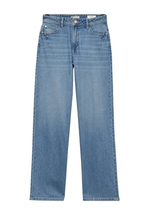 Lichtblauwe wijduitlopende spijkerbroek met knopen aan de voorkant, ritssluiting, riemlussen en vijf zakken op een witte achtergrond.