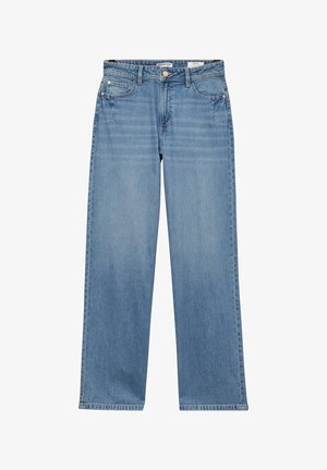 Lichtblauwe wijduitlopende spijkerbroek met knopen aan de voorkant, ritssluiting, riemlussen en vijf zakken op een witte achtergrond.