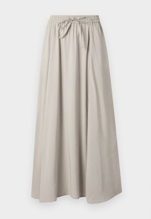 Light gray maxi skirt made of soft fabric with an elastic waistband and adjustable drawstring. Features loose, flowing silhouette and simple design.