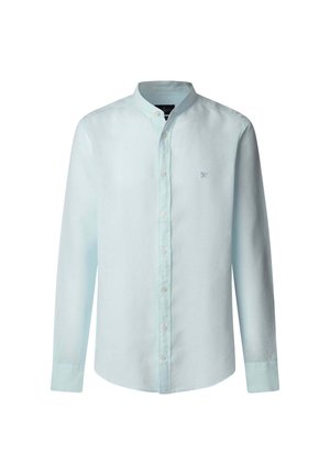 Lys blå, langærmet skjorte lavet af en bomulds-linned blanding, med en stående krave, knaplukning foran og en diskret broderet logo på brystet.