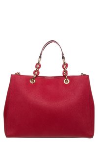 Rote Handtasche aus Kunstleder mit strukturierter Form, oberen Griff und goldfarbenen Hardware-Akzenten. Hat eine glatte Textur und ein minimalistisches Design.