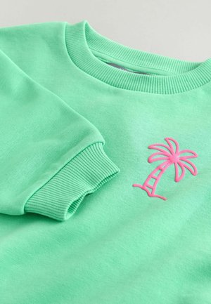 Mintgrüner Pullover aus weichem Stoff mit einem gerippten Rundhalsausschnitt und Bündchen, verziert mit einer pinkfarbenen Stickerei eines Palmenbaums.