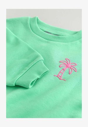 Pehmeast kangast mündiroheline pusa, millel on soonikkoes ümar kaelus ja varrukaotsad ning roosa palmiemboss.