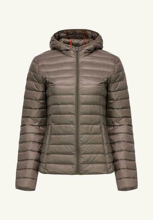 Geïsoleerde capuchonjack in olietint, met een geborduurd ontwerp met horizontale strepen, een voorkant met rits en contrasterende oranje binnenvoering.