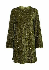 Zaļš fliteru kleita ar apaļu izgriezumu, garām piedurknēm un satīna loku detaļu aizmugurē. Tekstūrēta virsma ar spīdīgām akcentiem.