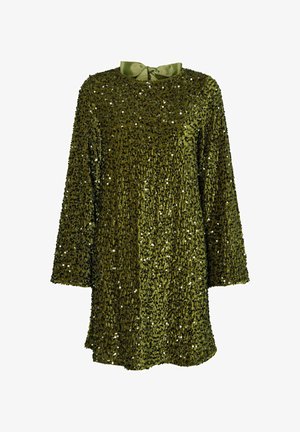 Groene paillettenjurk met een ronde halslijn, lange mouwen en een satijnen strikdetail op de rug. Gelaagd oppervlak met glinsterende accenten.