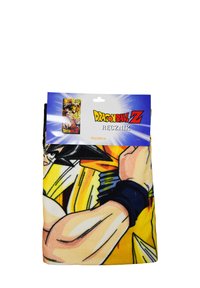 Dragon Ball Z-handdoek met een levendig kleurenpatroon featuring een personage in geel en zwart, 70x140 cm, verpakt met een gelabelde header.