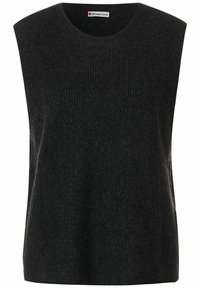 Pull sans manches gris foncé avec un col rond, en tissu texturé, présentant une coupe décontractée et des détails côtelés subtils.