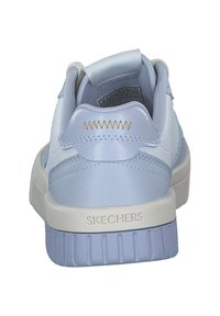 Baskets bleu clair avec une tige en cuir lisse, un talon arrondi, une semelle blanche et des détails brodés. Nom de la marque "SKECHERS" sur la semelle.
