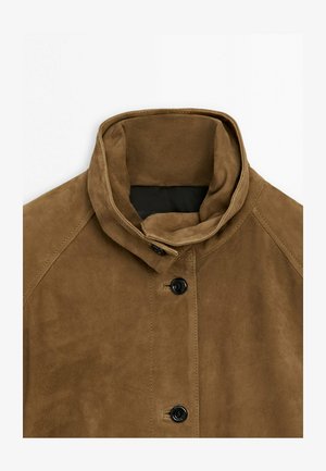 Brown suede jacket with a high collar and black buttons, shown from the shoulders up against a white background.