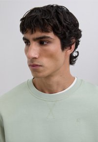 Vaaleanvihreä collegepaita, joka on valmistettu pehmeästä materiaalista. Siinä on pyöreä pääntie, resorireunaiset hihansuut ja etupuolella hienovarainen ristiommel.