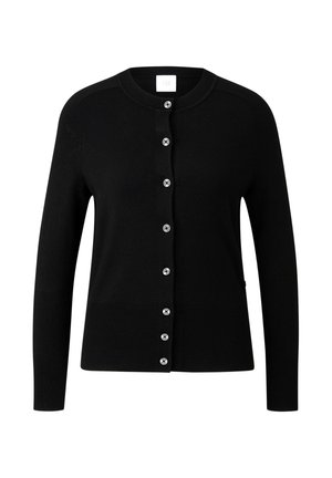 Black cardigan featuring a round neck, long sleeves, and front button closure with silver-tone buttons, made from a smooth, soft fabric.