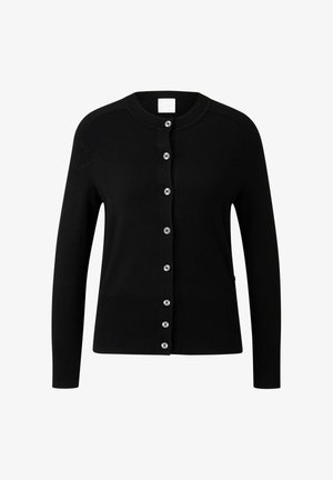 Černý kardigan s kulatým výstřihem, dlouhými rukávy a zapínáním na knoflíky stříbrné barvy na přední straně, vyrobený z hladké, měkké látky.