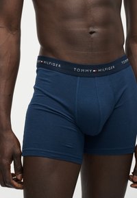 Torse masculin portant un boxer bleu marine Tommy Hilfiger avec ceinture marquée, gros plan sur le bas-ventre et le haut des cuisses.