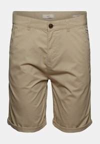 Shorts beiges décontractés pour homme avec fermeture à bouton, passants de ceinture, poches latérales et ourlets roulés.