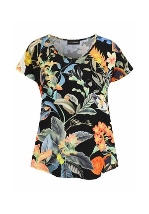 Black short-sleeve blouse with colorful tropical floral and leaf patterns in orange, yellow, green, and blue hues.