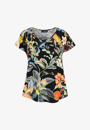 Black short-sleeve blouse with colorful tropical floral and leaf patterns in orange, yellow, green, and blue hues.